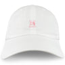 The San Joaquin Memorial Adult Low-Profile Cotton Twill Dad Cap by EMB S&S Activewear is a white dad cap featuring a small red "M" with cross and "RUGBY" embroidered on the front.
