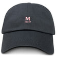 The San Joaquin Memorial Adult Low-Profile Cotton Twill Dad Cap by EMB S&S Activewear is a black cotton twill cap with an embroidered "M" with cross and "RUGBY" in white and red on the front for distinctive team branding.