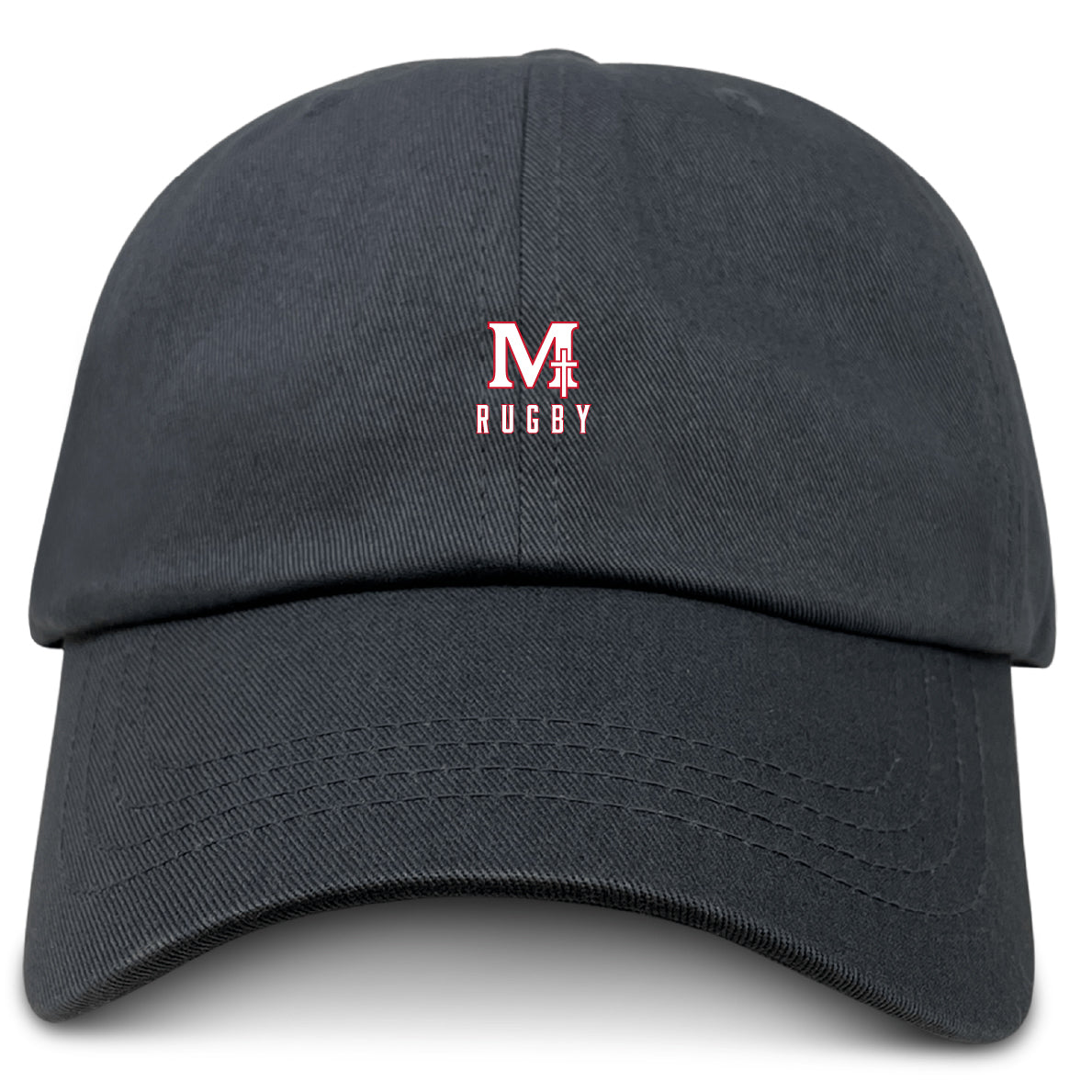 The San Joaquin Memorial Adult Low-Profile Cotton Twill Dad Cap by EMB S&S Activewear is a black cotton twill cap with an embroidered "M" with cross and "RUGBY" in white and red on the front for distinctive team branding.