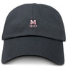 The San Joaquin Memorial Adult Low-Profile Cotton Twill Dad Cap by EMB S&S Activewear is a black cotton twill cap with an embroidered "M" with cross and "RUGBY" in white and red on the front for distinctive team branding.