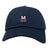 The San Joaquin Memorial Adult Low-Profile Cotton Twill Dad Cap by EMB S&S Activewear features a navy blue design with an embroidered red and white "M Rugby" logo on the front.