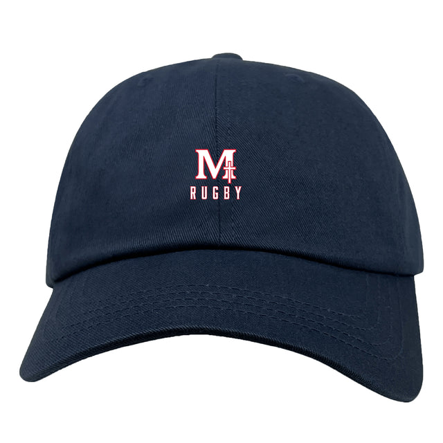 The San Joaquin Memorial Adult Low-Profile Cotton Twill Dad Cap by EMB S&S Activewear features a navy blue design with an embroidered red and white "M Rugby" logo on the front.