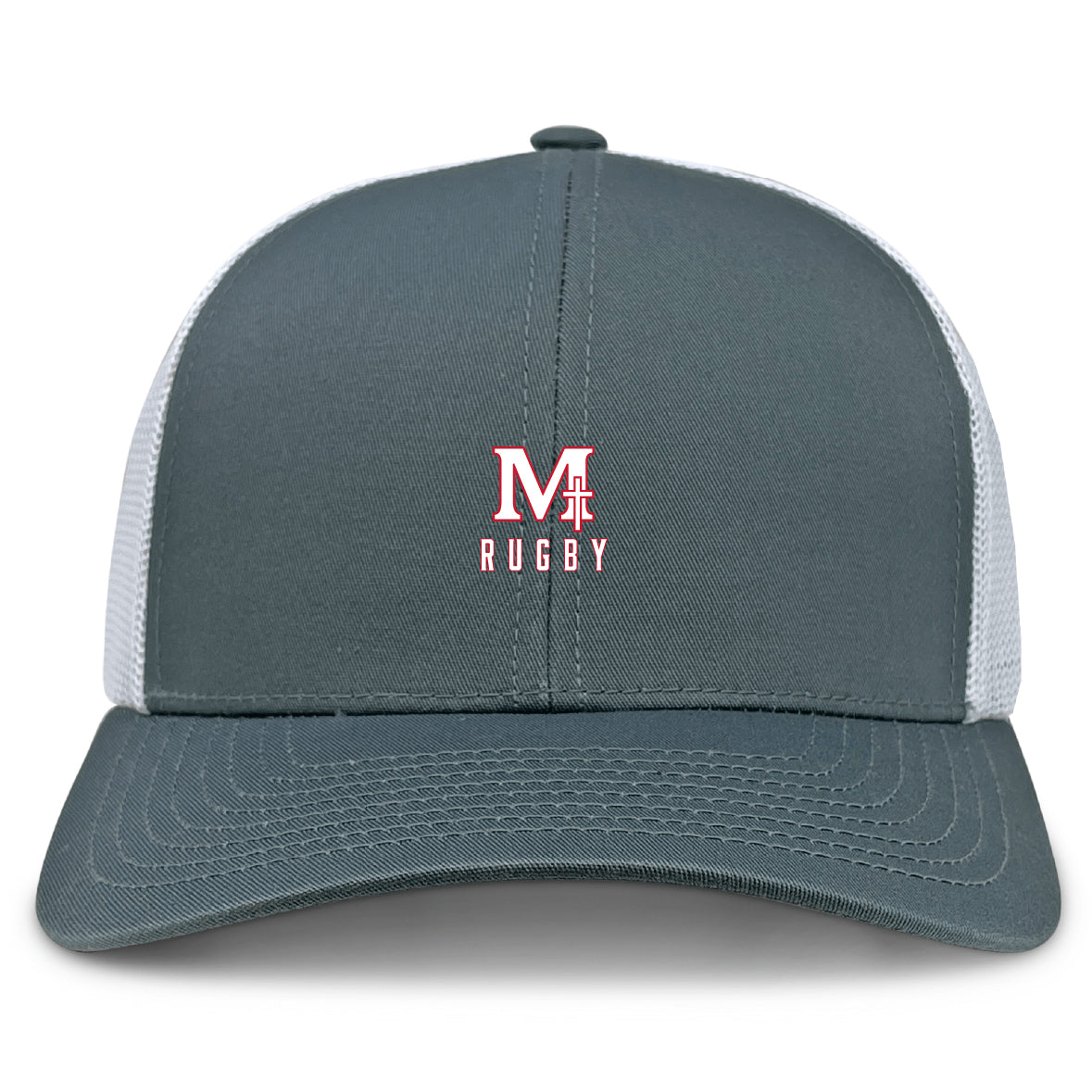 The EMB S&S Activewear San Joaquin Memorial Retro Trucker Cap is gray and white with a mesh back, features an embroidered red and white "M Rugby" logo on the front, and has an adjustable snapback closure.
