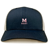 The San Joaquin Memorial Retro Trucker Cap by EMB S&S Activewear features a navy blue and beige design with embroidered "M Rugby" and cross on the front, plus an adjustable snapback closure.