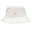 The San Joaquin Memorial Crusher Bucket Cap by EMB S&S Activewear is a white cotton twill hat featuring a small red "M" and "RUGBY" embroidered on the front, combining classic style with sun protection.