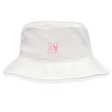 The San Joaquin Memorial Crusher Bucket Cap by EMB S&S Activewear is a white cotton twill hat featuring a small red "M" and "RUGBY" embroidered on the front, combining classic style with sun protection.