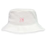 The San Joaquin Memorial Crusher Bucket Cap by EMB S&S Activewear is a white cotton twill hat featuring a small red "M" and "RUGBY" embroidered on the front, combining classic style with sun protection.
