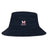The San Joaquin Memorial Crusher Bucket Cap by EMB S&S Activewear is a black cotton twill hat with a red and white "M Rugby" logo embroidered on the front, combining classic style with sun protection.