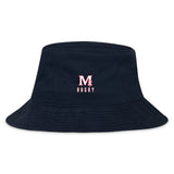 The San Joaquin Memorial Crusher Bucket Cap by EMB S&S Activewear is a black cotton twill hat with a red and white "M Rugby" logo embroidered on the front, combining classic style with sun protection.