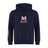 The San Joaquin Club Hoodie by WRS Canterbury features a navy blue design, front pocket, drawstring hood, "M Rugby" logo on the chest, and a white left sleeve detail.