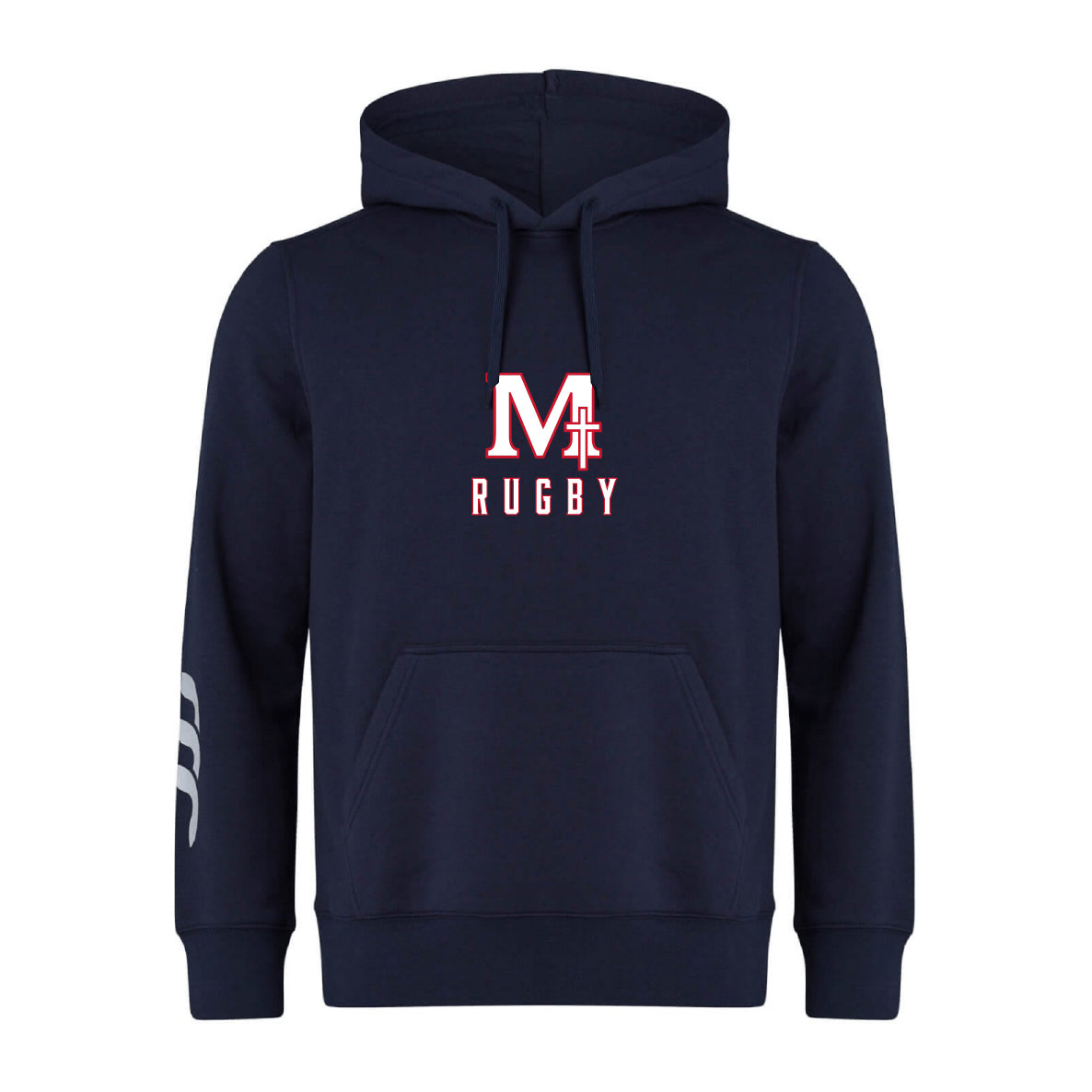 The San Joaquin Club Hoodie by WRS Canterbury features a navy blue design, front pocket, drawstring hood, "M Rugby" logo on the chest, and a white left sleeve detail.