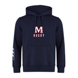 The San Joaquin Club Hoodie by WRS Canterbury features a navy blue design, front pocket, drawstring hood, "M Rugby" logo on the chest, and a white left sleeve detail.