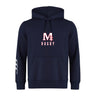 The San Joaquin Club Hoodie by WRS Canterbury features a navy blue design, front pocket, drawstring hood, "M Rugby" logo on the chest, and a white left sleeve detail.