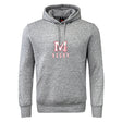 The San Joaquin Club Hoodie by WRS Canterbury features a gray design, front pocket, and "M Rugby" in red and white on the chest—ideal for any rugby club hoodie collection.