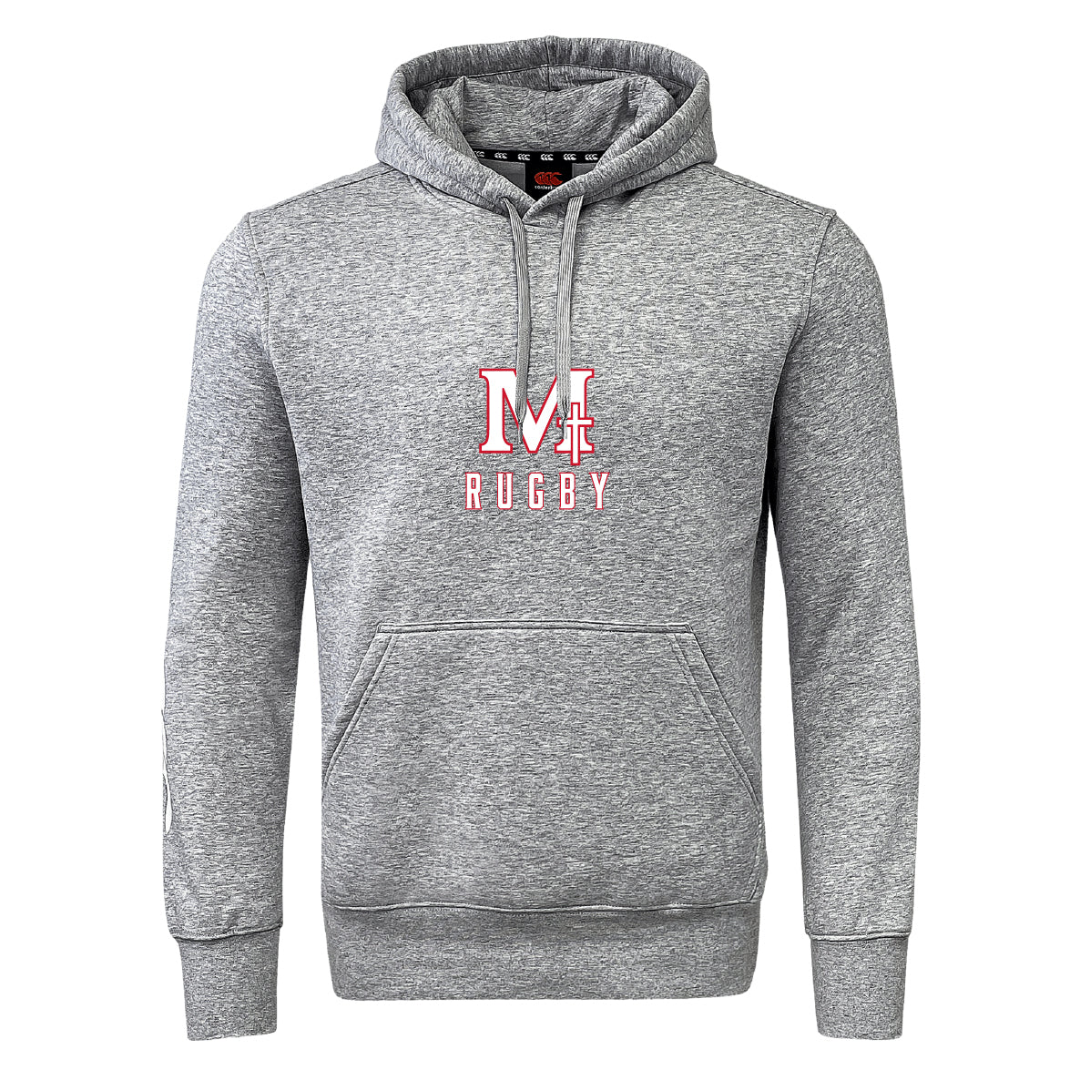The San Joaquin Club Hoodie by WRS Canterbury features a gray design, front pocket, and "M Rugby" in red and white on the chest—ideal for any rugby club hoodie collection.