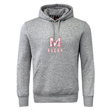 The San Joaquin Club Hoodie by WRS Canterbury features a gray design, front pocket, and "M Rugby" in red and white on the chest—ideal for any rugby club hoodie collection.