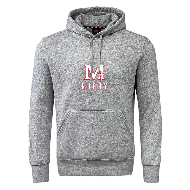 The San Joaquin Club Hoodie by WRS Canterbury features a gray design, front pocket, and "M Rugby" in red and white on the chest—ideal for any rugby club hoodie collection.