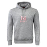 The San Joaquin Club Hoodie by WRS Canterbury features a gray design, front pocket, and "M Rugby" in red and white on the chest—ideal for any rugby club hoodie collection.