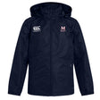 The San Joaquin Memorial Club Vaposhield Stadium Jacket by EMB Canterbury is a navy blue, water-repellent hooded jacket featuring white "Canterbury" and "M Rugby" chest logos, displayed against a plain background.