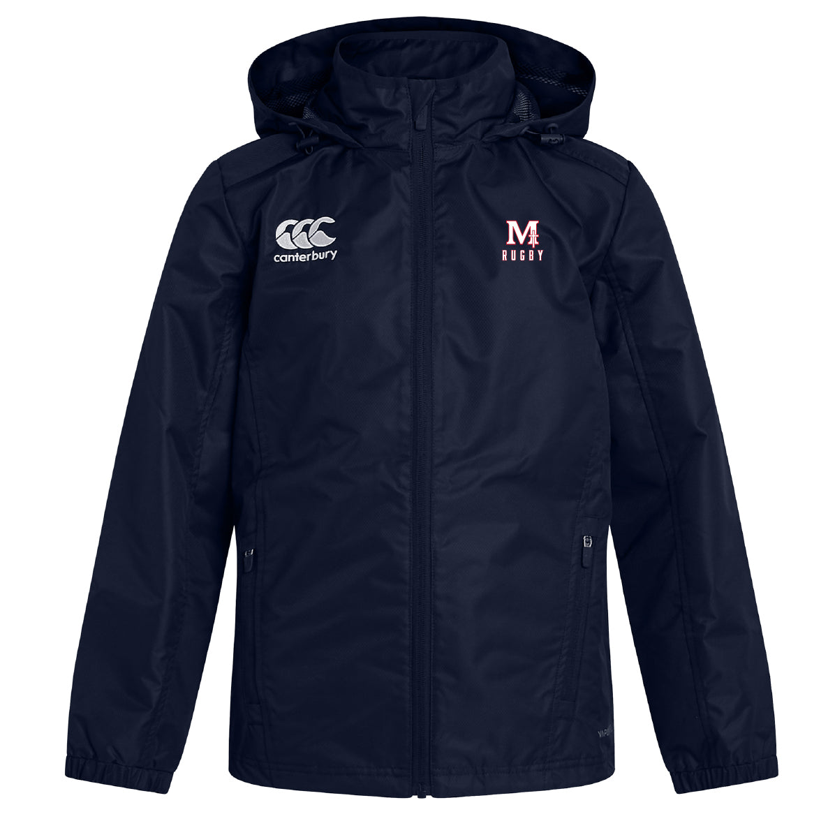 The San Joaquin Memorial Club Vaposhield Stadium Jacket by EMB Canterbury is a navy blue, water-repellent hooded jacket featuring white "Canterbury" and "M Rugby" chest logos, displayed against a plain background.