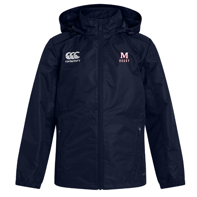 The San Joaquin Memorial Club Vaposhield Stadium Jacket by EMB Canterbury is a navy blue, water-repellent hooded jacket featuring white "Canterbury" and "M Rugby" chest logos, displayed against a plain background.