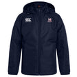 The San Joaquin Memorial Club Vaposhield Full Zip Rain Jacket by EMB Canterbury is a navy blue rugby rain jacket with a front zipper, VapoShield water-resistance, white Canterbury logo on the right chest and "M Rugby" on the left.