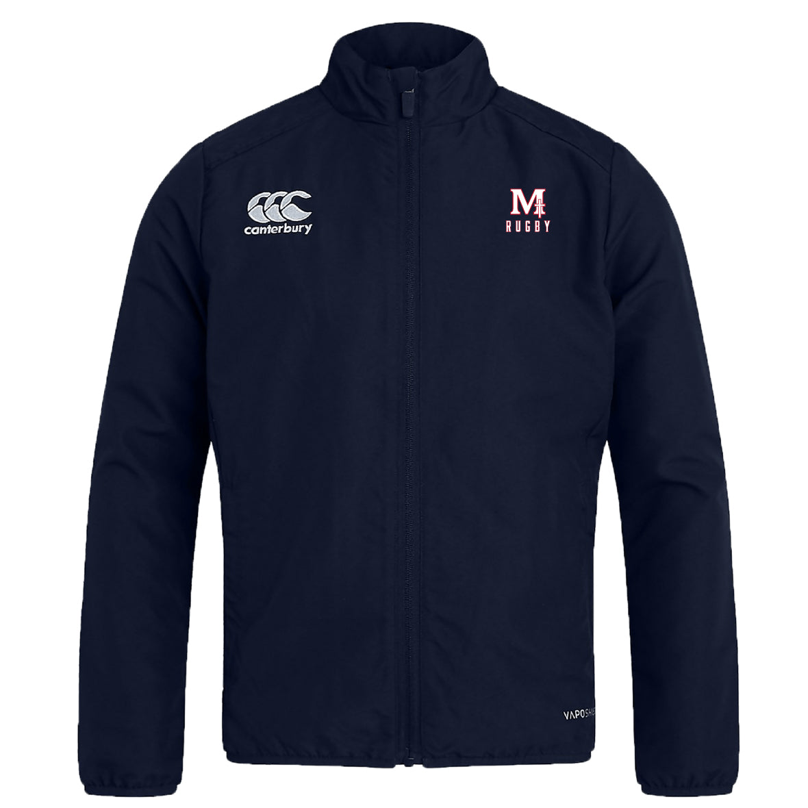 The San Joaquin Memorial Club Track Jacket by EMB Canterbury is a navy blue jacket with white "Canterbury" and "M4 Rugby" chest logos, zip front, and stand-up collar—ideal for training or everyday wear.