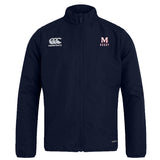 The San Joaquin Memorial Club Track Jacket by EMB Canterbury is a navy blue jacket with white "Canterbury" and "M4 Rugby" chest logos, zip front, and stand-up collar—ideal for training or everyday wear.