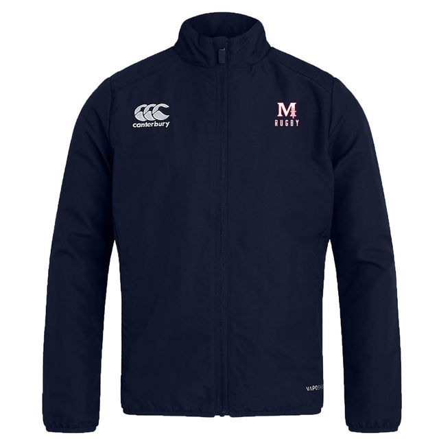 The San Joaquin Memorial Club Track Jacket by EMB Canterbury is a navy blue jacket with white "Canterbury" and "M4 Rugby" chest logos, zip front, and stand-up collar—ideal for training or everyday wear.