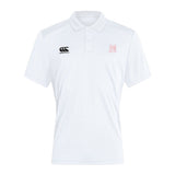 The San Joaquin Memorial Waimak Polo by EMB Canterbury is a white short-sleeve polo with a collar, black CCC logo on the right chest, and red "M Rugby" logo on the left—ideal for any rugby fan.