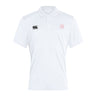 The San Joaquin Memorial Waimak Polo by EMB Canterbury is a white short-sleeve polo with a collar, black CCC logo on the right chest, and red "M Rugby" logo on the left—ideal for any rugby fan.