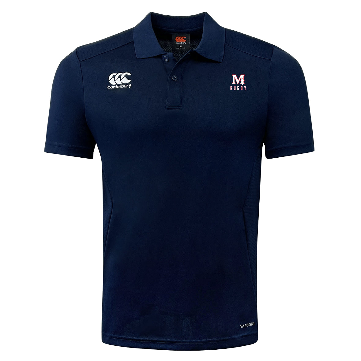 The San Joaquin Memorial Club Dry Polo by EMB Canterbury is a navy short-sleeve polo with "M Rugby" logos, a buttoned collar, and Vapodri tech for breathable comfort.