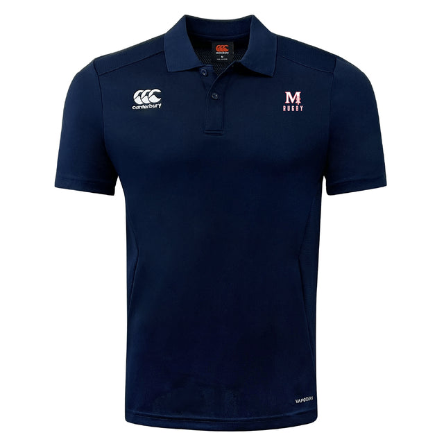 The San Joaquin Memorial Club Dry Polo by EMB Canterbury is a navy short-sleeve polo with "M Rugby" logos, a buttoned collar, and Vapodri tech for breathable comfort.