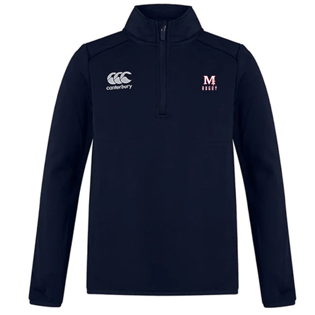 The EMB Canterbury San Joaquin Memorial Club 1/4 Zip Mid Layer Training Top features a navy design with a Canterbury logo on the right chest and "M Rugby" logo on the left, ideal for rugby training sessions.