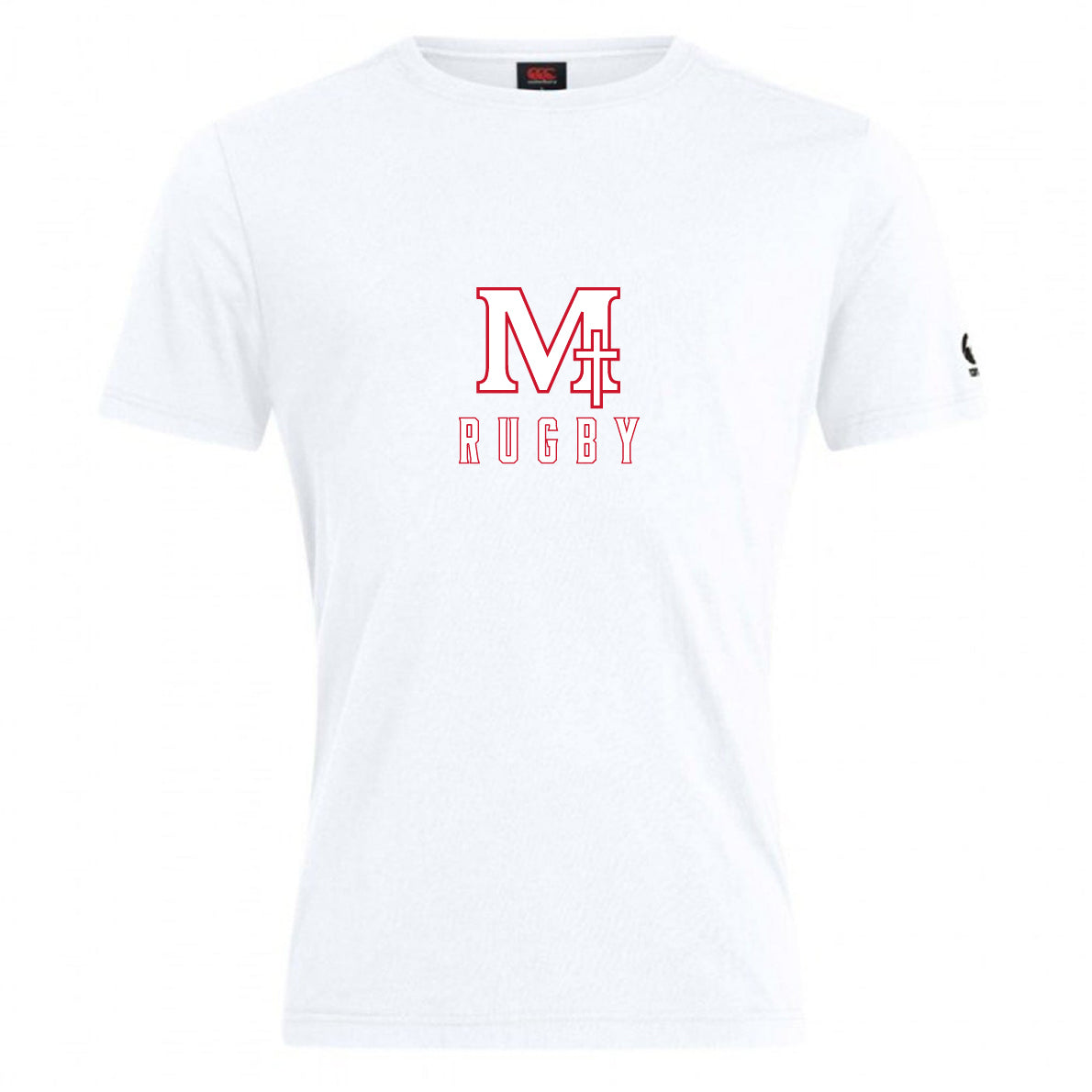 The WRS Canterbury San Joaquin Memorial Club Plain Tee by Canterbury is a white cotton-blend t-shirt featuring a red "M" and "RUGBY" on the front, a small black sleeve logo, and offers customizable comfort and style for rugby fans.