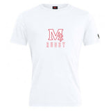 The WRS Canterbury San Joaquin Memorial Club Plain Tee by Canterbury is a white cotton-blend t-shirt featuring a red "M" and "RUGBY" on the front, a small black sleeve logo, and offers customizable comfort and style for rugby fans.