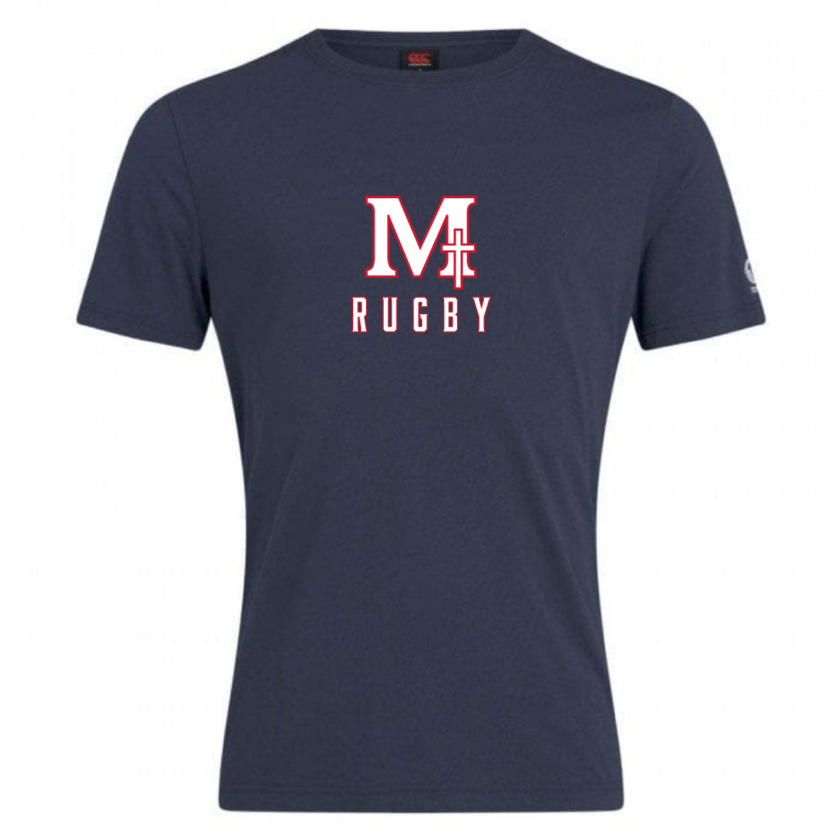The San Joaquin Memorial Club Plain Tee by WRS Canterbury is a navy blue cotton blend shirt with a large white and red "M" logo, rugby goalpost design, and "RUGBY" printed underneath.