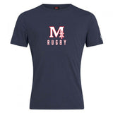 The San Joaquin Memorial Club Plain Tee by WRS Canterbury is a navy blue cotton blend shirt with a large white and red "M" logo, rugby goalpost design, and "RUGBY" printed underneath.