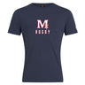 The San Joaquin Memorial Club Plain Tee by WRS Canterbury is a navy blue cotton blend shirt with a large white and red "M" logo, rugby goalpost design, and "RUGBY" printed underneath.