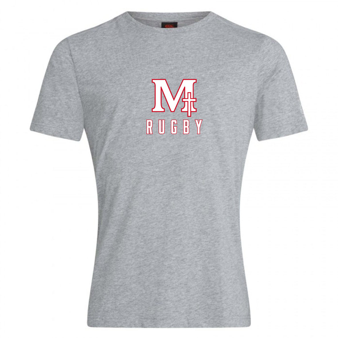 The San Joaquin Memorial Club Plain Tee by WRS Canterbury is a light gray cotton blend short-sleeve shirt with a large red “M” and rugby goal graphic above “RUGBY” printed on the chest.