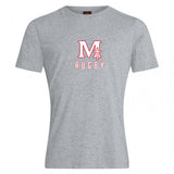 The San Joaquin Memorial Club Plain Tee by WRS Canterbury is a light gray cotton blend short-sleeve shirt with a large red “M” and rugby goal graphic above “RUGBY” printed on the chest.