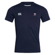 The San Joaquin Memorial Club Dry Tee by EMB Canterbury is a navy short-sleeve workout shirt with a white Canterbury logo on the right chest and "M Rugby" on the left, designed for breathability and max comfort.