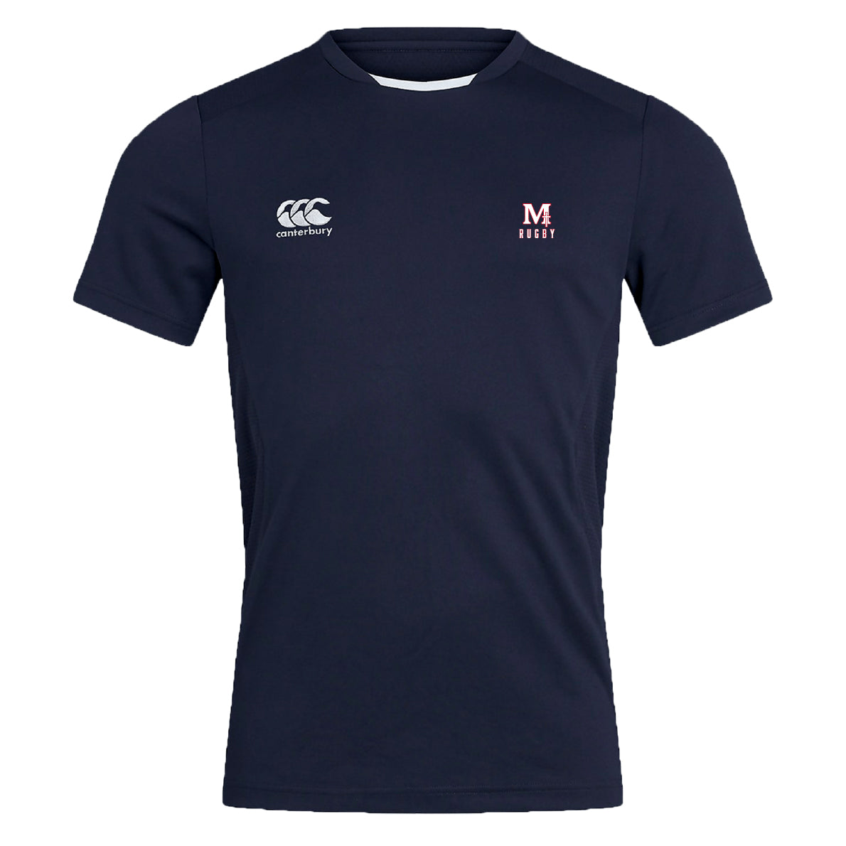 The San Joaquin Memorial Club Dry Tee by EMB Canterbury is a navy short-sleeve workout shirt with a white Canterbury logo on the right chest and "M Rugby" on the left, designed for breathability and max comfort.