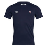 The San Joaquin Memorial Club Dry Tee by EMB Canterbury is a navy short-sleeve workout shirt with a white Canterbury logo on the right chest and "M Rugby" on the left, designed for breathability and max comfort.