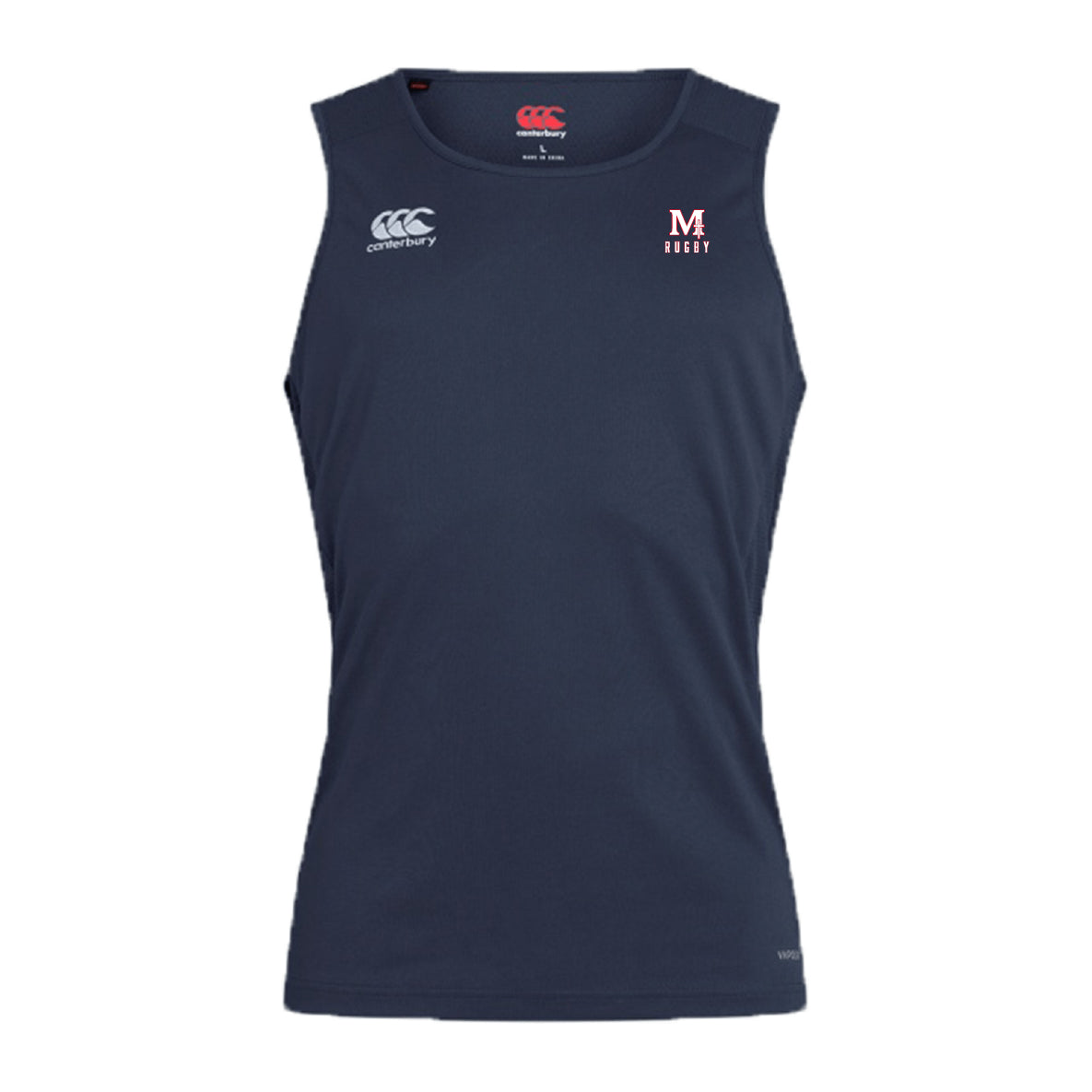 Sleeveless navy blue San Joaquin Memorial Club Dry Singlet by EMB Canterbury, featuring "Canterbury" and "M Rugby" chest logos and Vapodri Technology for premium comfort.
