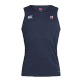 Sleeveless navy blue San Joaquin Memorial Club Dry Singlet by EMB Canterbury, featuring "Canterbury" and "M Rugby" chest logos and Vapodri Technology for premium comfort.