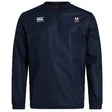 The San Joaquin Memorial Club Vaposhield Contact Top by EMB Canterbury is a navy blue, long-sleeve crewneck rugby top with "Canterbury" and "M Rugby" chest logos, elastic cuffs, and comfort-enhancing Vaposhield technology.