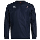 The San Joaquin Memorial Club Vaposhield Contact Top by EMB Canterbury is a navy blue, long-sleeve crewneck rugby top with "Canterbury" and "M Rugby" chest logos, elastic cuffs, and comfort-enhancing Vaposhield technology.