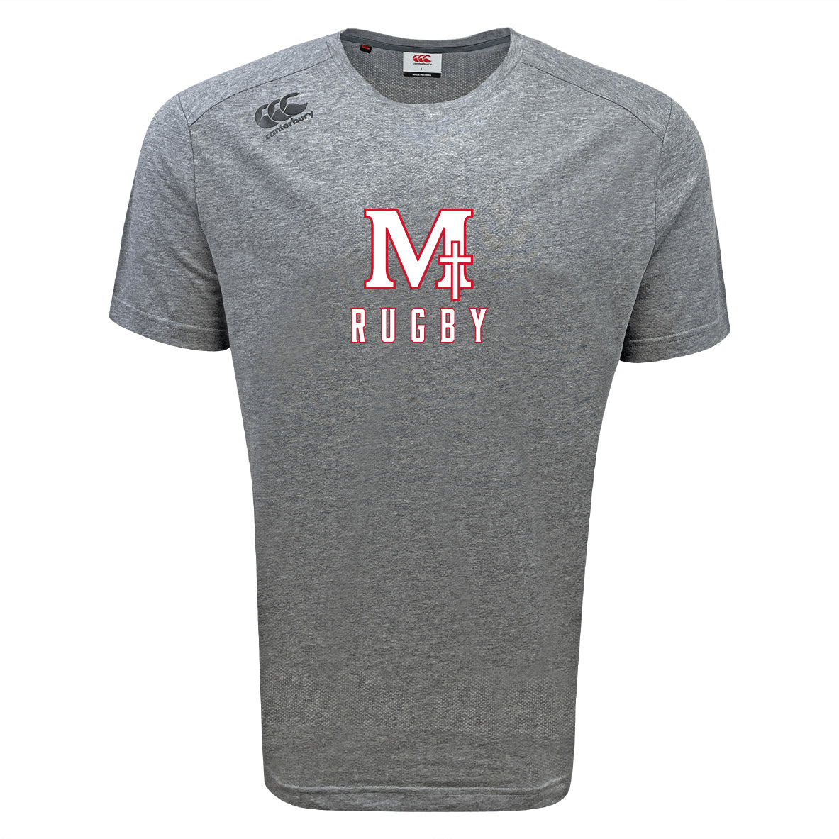 The San Joaquin Memorial Tempo Vapodri T-Shirt by WRS Canterbury is a gray short-sleeve athletic tee with "M Rugby" and a red and white rugby post graphic on the front, plus the Canterbury logo on the right shoulder.
