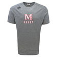 The San Joaquin Tempo Vapodri T-Shirt by WRS Canterbury is a grey short-sleeve tee with "M Rugby" in red and white on the chest and a Canterbury logo on the right shoulder. Its moisture-wicking design keeps you cool during training.